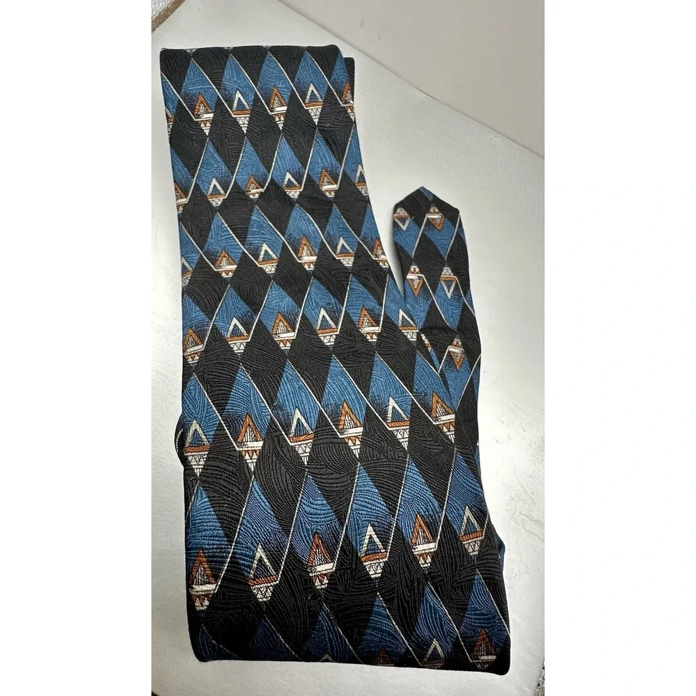 Tom James Silk Tie Blue Black Geometric Mens Designer‎ Necktie